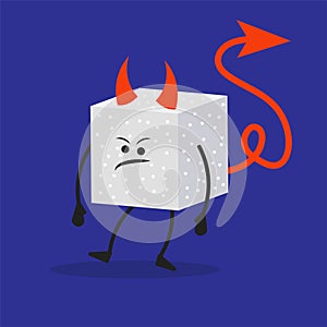 Cartoon sugar cube devil get angry. The concept of a character unhealthy and nutritional. Sweet food harms and threatens human