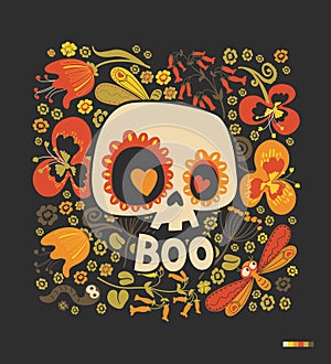 Cartoon sugar skull silhouette with heart eyes, floral ornament and multicolored flowers on black background. Day of the