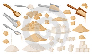 Cartoon sugar, sweet cooking ingredient pile, cube or powder. White sugar seasoning in spoon or bowl flat vector illustration set
