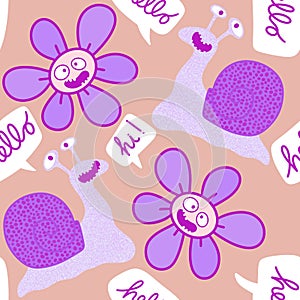 Cartoon summer animals seamless snails and flower pattern for wrapping paper and kids clothes print