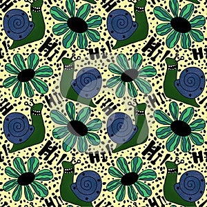 Cartoon summer animals seamless snails and flower pattern for wrapping paper and kids clothes print