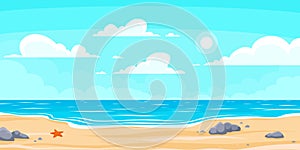 Cartoon summer beach. Paradise nature vacation, ocean or sea seashore. Seaside landscape vector background illustration photo