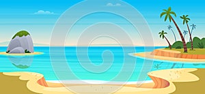 Cartoon summer beach. Paradise nature vacation, ocean or sea seashore. Seaside landscape