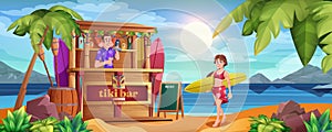 Summer beach with tiki bar, barman and girl with surfboard