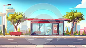 Cartoon summer concept of a bus stop station on a city road outside of a sign. Public transport construction on a street