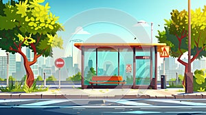 Cartoon summer concept of a bus stop station on a city road with a sign, and a public transport construction on a street