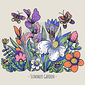 Cartoon summer flowers, modern blooming floral greeting card