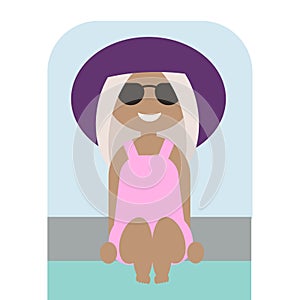 Cartoon summer girl in a swimsuit and hat sunglasses