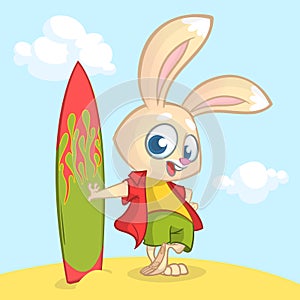 Cartoon summer holiday background with rabbit surfer. Vector illustration