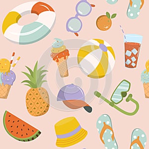 Cartoon summer kids pool party elements seamless pattern on pink pastel background