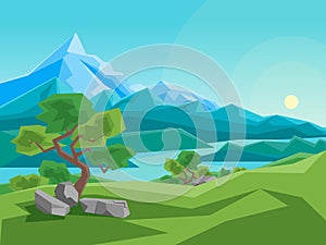Cartoon Summer Mountain and River on a Landscape Background. Vector