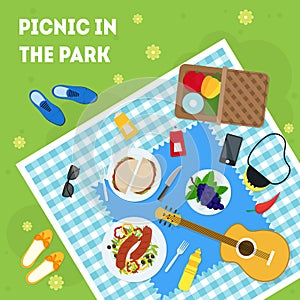 Cartoon Summer Picnic in Park Basket Card Poster. Vector
