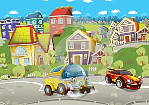 Cartoon summer scene with cleaning cistern car driving through the city and sports car driving near
