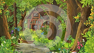 Cartoon summer scene with meadow in the forest with wooden farm house illustration for children