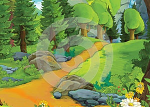 Cartoon summer scene with meadow valley - nobody on scene - illustration for children