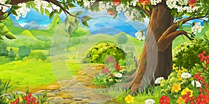 Cartoon summer scene with path in the forest or garden - nobody on scene