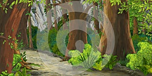 Cartoon summer scene with path in the forest - nobody on scene - illustration