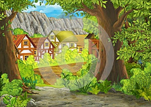 Cartoon summer scene with path to the farm village - nobody on the scene