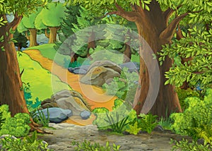 Cartoon summer scene with path to the farm village - nobody on the scene - illustration for children