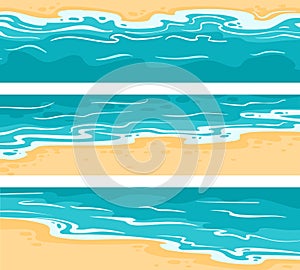 Cartoon summer seashore view, seaside beach pattern. Tropical beach with ocean waves, nature paradise sandy beach landscape flat