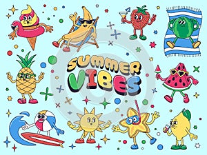 Cartoon summer vibes. Ice cream mascot, vacation fruits characters for seasonal party marketing or invitations design