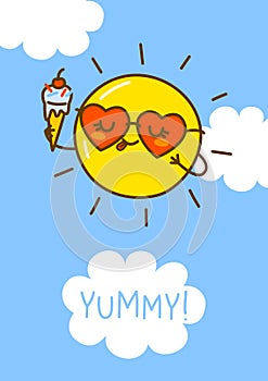 Cartoon Sun character on blue sky background for funny summer design
