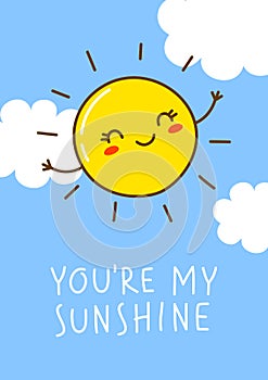 Cartoon Sun character on color sky background for funny summer design