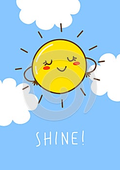 Cartoon Sun character on color sky background for funny summer design 8