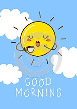 Cartoon Sun character with cup of coffee on blue sky background for funny summer design