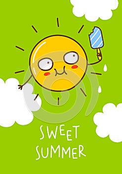 Cartoon Sun character on green background for funny summer design