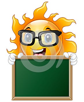 Cartoon sun character holding a chalkboard