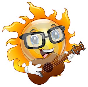 Cartoon sun character playing a guitar