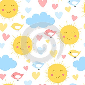 Cartoon sun, cloud. heart and bird background. Seamless pattern for kid textile and other print. Vector illustration