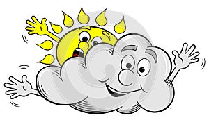 Cartoon sun and cloud make overcast sky