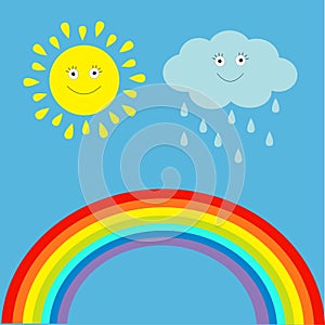 Cartoon sun, cloud with rain and rainbow set. Children funny il