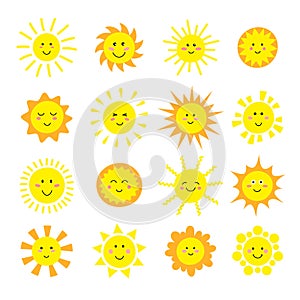 Cartoon sun collection. Yellow sun icons set isolated on white. Sun pictogram, summer symbol for website design, web