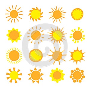 Cartoon sun collection. Yellow sun icons set isolated on white. Sun pictogram, summer symbol for website design, web