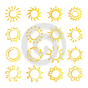 Cartoon sun collection. Yellow sun icons set isolated on white. Sun pictogram, summer symbol for website design, web