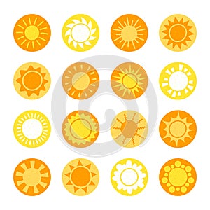 Cartoon sun collection. Yellow sun icons set isolated on white. Sun pictogram, summer symbol for website design, web