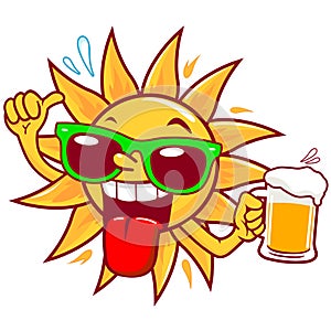 Cartoon sun drinking beer. Vector illustration