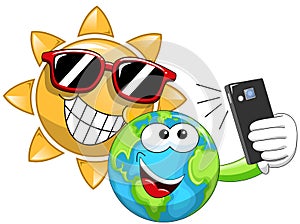 Cartoon Sun and Earth taking selfie