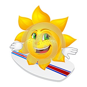 Cartoon sun with freckles on surfboard