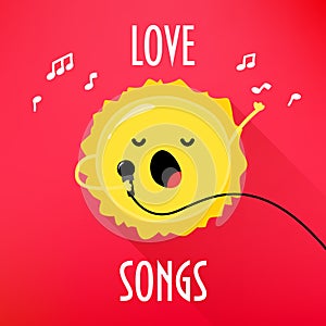 Cartoon sun with microphone sings love songs. Cute music card for karaoke album. Flat style. Vector illustration