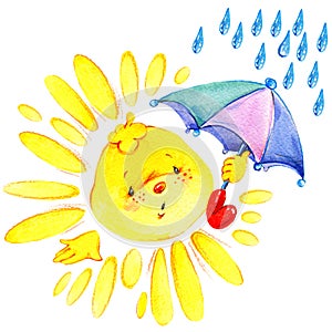 Cartoon sun and rain watercolor illustration