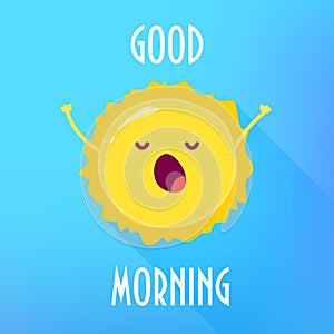 Cartoon sun stretches and yawns. Good Morning card. Flat style. Vector illustration