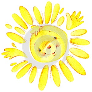 Cartoon sun and the sun's rays watercolor illustration
