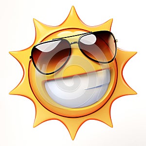 Cartoon sun with sunglasses emoji isolated on white background, sunshine emoticon 3d rendering