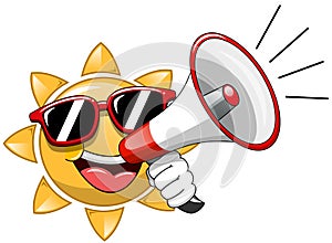 Cartoon Sun sunglasses speaking megaphone
