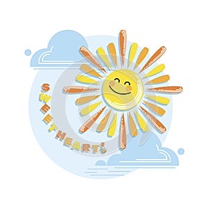 Cartoon sun. SWEETHEART. Baby emblem. Sun and cloud on blue sky background. Design for baby clothes