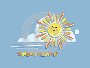 Cartoon sun. SWEETHEART. Baby poster, emblem. Sun and cloud on blue sky background.